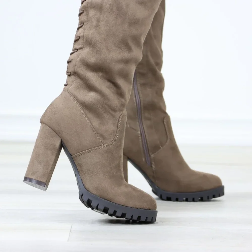 Full Lace-Up Back Taupe Faux Suede Thigh High Over The Knee Lug Block Heeled Boo - Picture 7 of 14